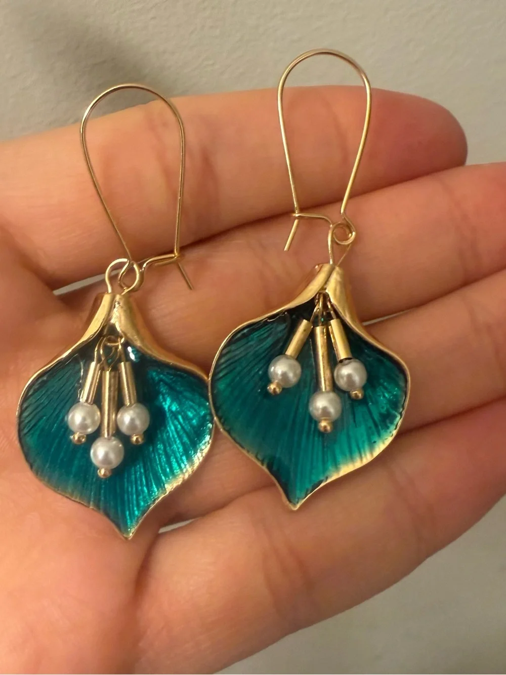 Vintage Gold & Teal Petal Drop Earrings with Pearl Dangles